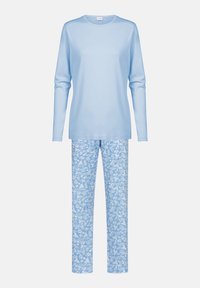 Haut à manches longues bleu clair, en matériau doux. Pantalons de pyjama assortis avec un motif floral en bleu plus clair. Conception à jambes droites.