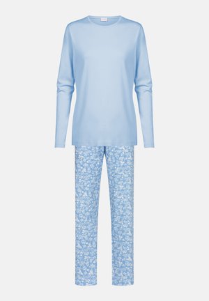 Light blue long-sleeve top, soft material. Matching pajama pants with a floral pattern in a lighter blue. Straight leg design.
