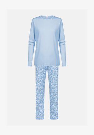 Light blue long-sleeve top, soft material. Matching pajama pants with a floral pattern in a lighter blue. Straight leg design.