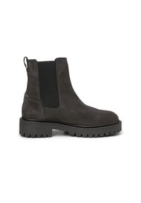 Bottines en daim gris avec panneaux latéraux en élasthanne, semelle en caoutchouc robuste et tirette. Présente une finition texturée et un design épuré.