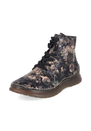 Schwarzer High-Top-Stiefel mit braunem Blumenmuster, schwarzen Schnürsenkeln, rundem Logopatch an der Seite und dicker brauner Sohle mit sichtbarer Naht.