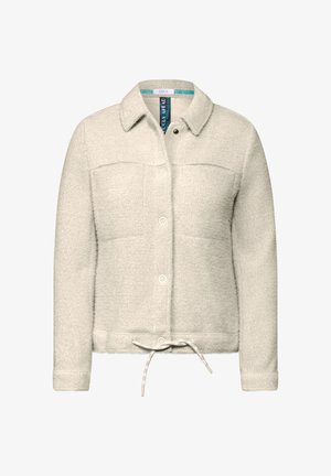 Hellgraue, strukturierte Jacke mit Kragen, vorderem Knopfverschluss, zwei Brusttaschen und einem Zugband in der Taille.