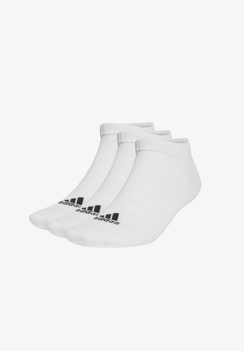 White crew socks made of cotton blend, featuring a ribbed top and black logo on the outer side. Set of three pairs, soft texture.