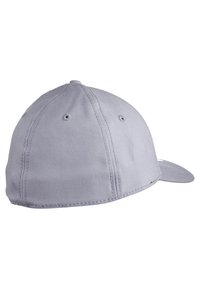 Grå baseballcaps med en rund krone, seks ventilasjonshull og en buet skjerm, laget av slitesterkt stoff.