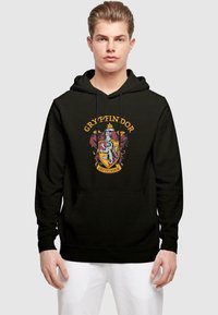 Czarna bluza z kapturem z herbem Gryffindoru w kolorach czerwonym, złotym i białym. Posiada kieszeń kangurzą oraz kaptur ze sznurkiem. Gładka tekstura materiału.