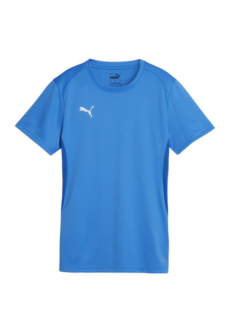 Lichtblauwe sportt-shirt met korte mouwen, ronde halslijn en een wit Puma-logo op de borst. Gemaakt van ademend materiaal.