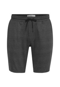Dark gray shorts made of soft fabric. Features an elastic waistband with a drawstring, a textured pattern, and knee-length cut.