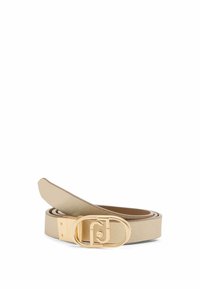 Cintura in finta pelle beige con una finitura testurizzata, caratterizzata da una fibbia ovale dorata con un accento del logo e un lato interno liscio.