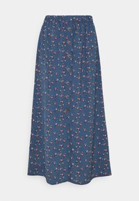 Sininen kukkakuvioinen maksihame, jossa on joustava vyötärönauha ja nappirivistöt edessä. Kokonaisuudessaan pieniä kukkakuvioita.