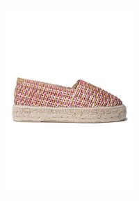 Espadrilla intrecciata con fibre rosa e naturali, suola piatta in iuta, punta arrotondata e lato elastico per il comfort. Superficie testurizzata con dettagli cuciti.