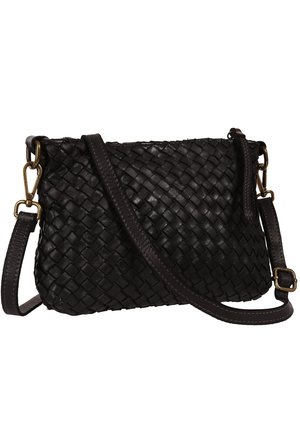 Black leather crossbody bag with woven texture, adjustable strap, and gold-tone metal clasps and buckles, shown against white background.