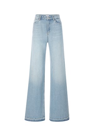 Jeans a gamba larga di un blu chiaro realizzati in denim. Presentano una vita alta, tasche frontali e una leggera scoloritura. Cuciture evidenti lungo l'orlo.