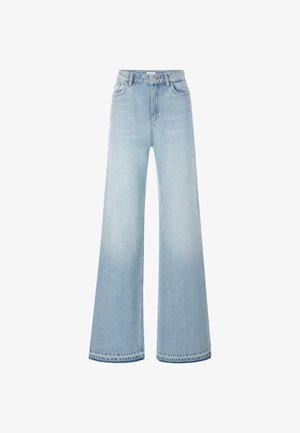 Jeans a gamba larga di un blu chiaro realizzati in denim. Presentano una vita alta, tasche frontali e una leggera scoloritura. Cuciture evidenti lungo l'orlo.