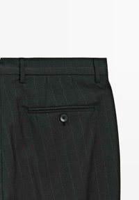 Dark gray pinstriped trousers featuring a flat front, a single back pocket with a button closure, and a smooth fabric texture.