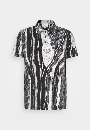 Short-sleeve shirt in black and white, featuring a textured abstract pattern and a button-down collar. Made from lightweight fabric.