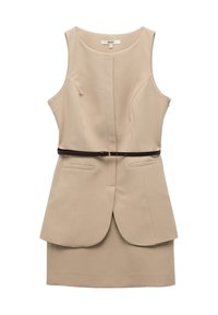 Robe sans manches beige avec un corsage ajusté, une jupe évasée, deux poches avant et une ceinture marron soulignant la taille. Texture de tissu lisse.