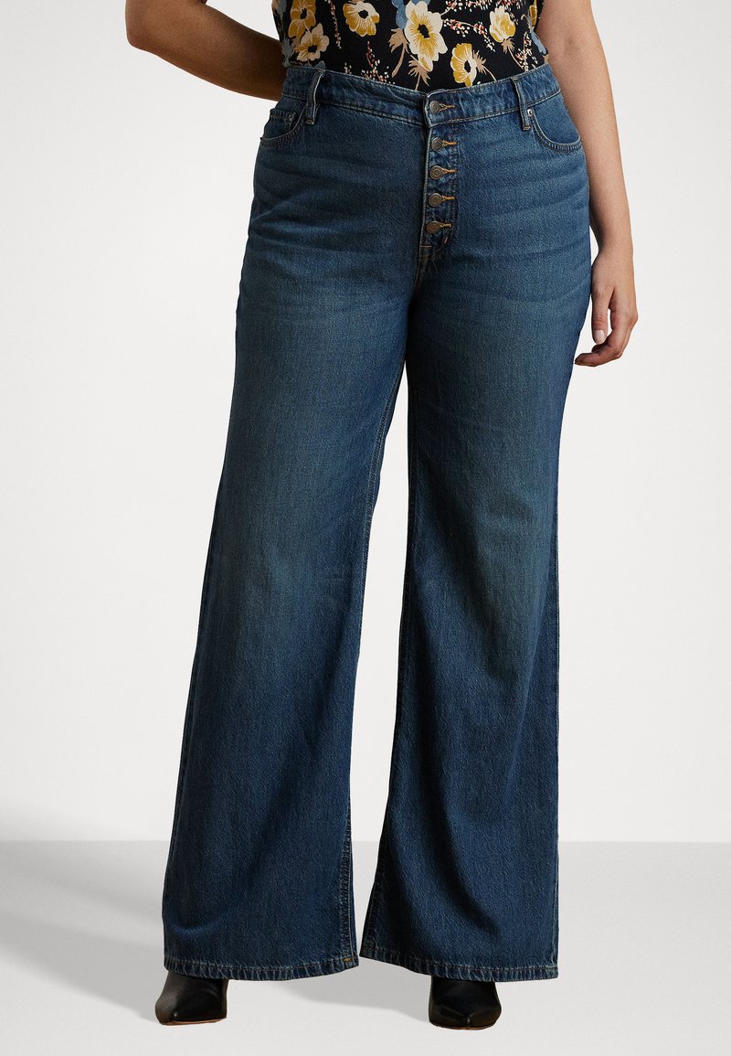 High-waisted wide-leg jeans in dark blue denim, featuring a button-up front, five pockets, and a classic straight silhouette.