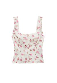 Hvid ærmeløs crop top med pink roseblomstermønster, knaplukning foran, firkantet halsudskæring, flæsekanter og detalje ved kanten.