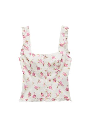 Weißes ärmelloses Crop-Top mit pinkem Rosenmuster, durchgehender Knopfleiste, quadrischem Ausschnitt, Rüschenträgern und Saumdetails.