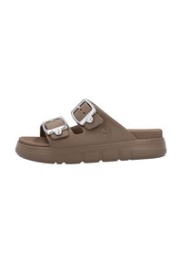 Brown rubber slide sandals with two adjustable silver buckles, a molded footbed, and textured sole for grip. Simple, functional design.