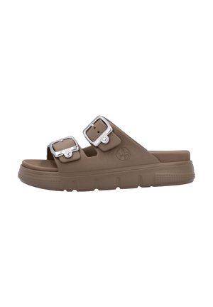 Brown rubber slide sandals with two adjustable silver buckles, a molded footbed, and textured sole for grip. Simple, functional design.