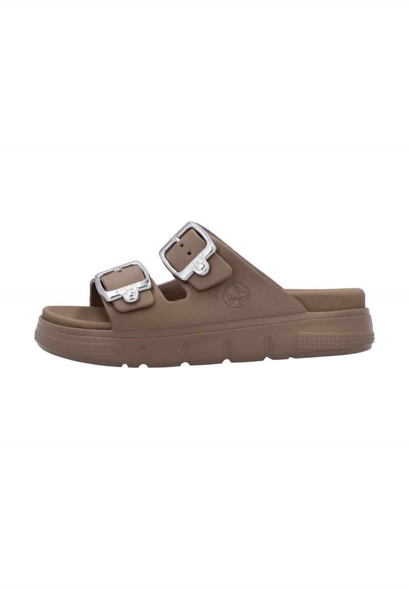 Brown rubber slide sandals with two adjustable silver buckles, a molded footbed, and textured sole for grip. Simple, functional design.
