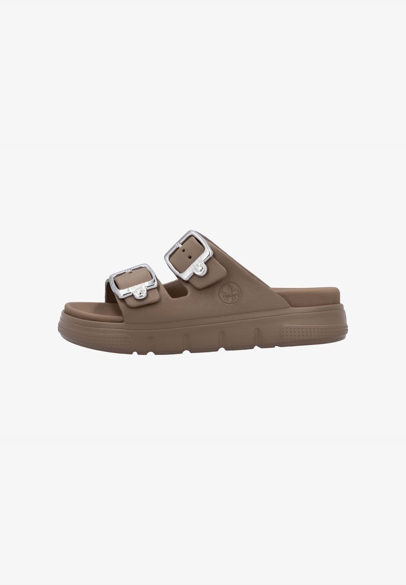 Brown rubber slide sandals with two adjustable silver buckles, a molded footbed, and textured sole for grip. Simple, functional design.
