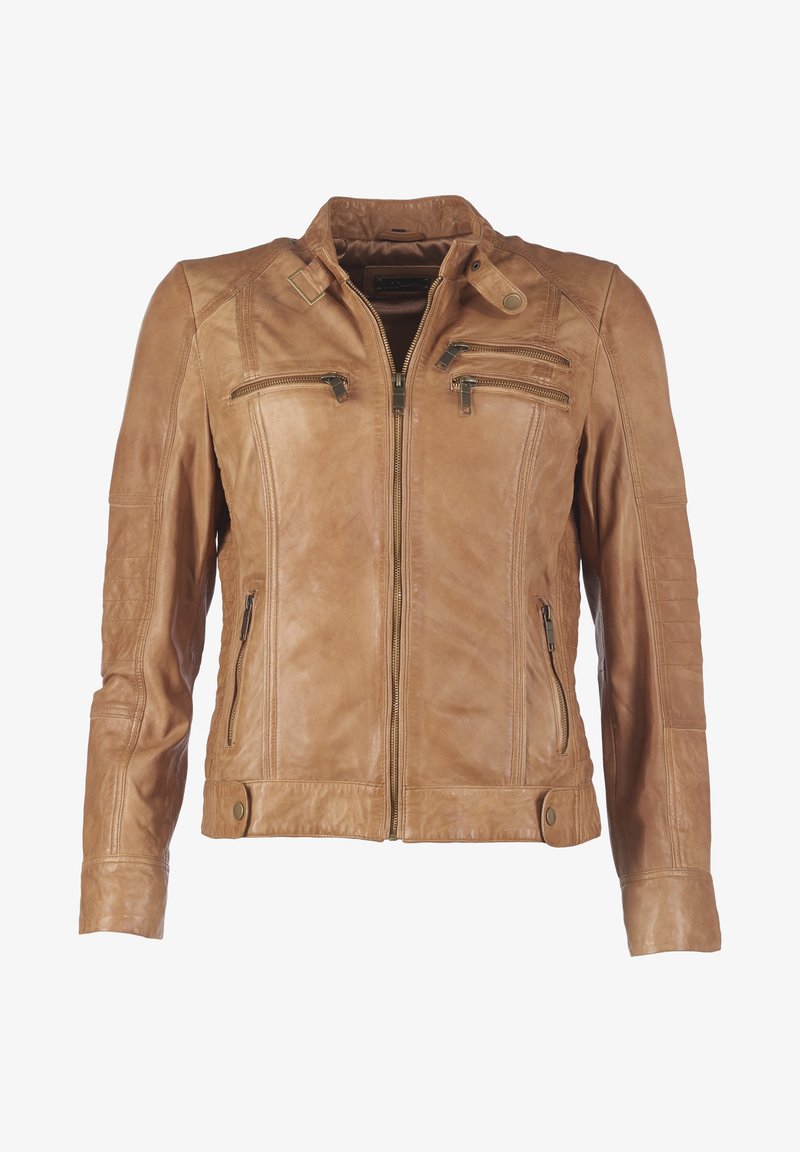 Tan læderjakke med et struktureret design, der har flere lynlåslommer, trykknaplukninger og teksturerede paneldetaljer.