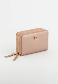 Beige leather wallet with two zip compartments, gold hardware, and a textured finish. Features small zipper pulls and a square accent.
