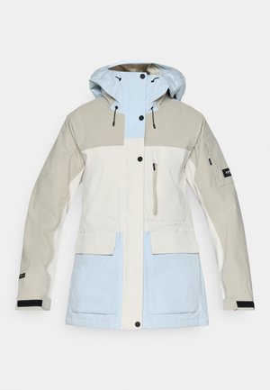 Farbblockierte Jacke mit beigen, weißen und hellblauen Bereichen, ausgestattet mit einer Kapuze, Reißverschlusstaschen und verstellbaren Manschetten.