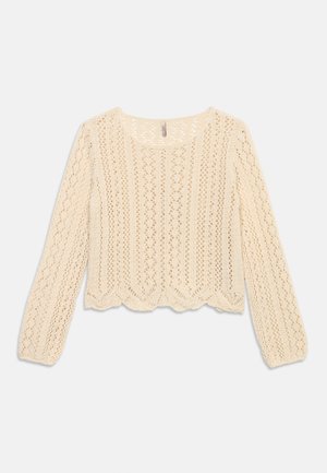 Maglione in cotone color crema a maniche lunghe con orlo smerlato e motivo a maglia aperta intricato, disteso su uno sfondo bianco.