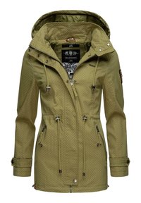 Olivově zelená nepromokavá bunda s kapucí na šňůrku, předním zipem, bočními kapsami a bílými puntíky. Obsahuje nastavitelné manžety a výrazné podšívku.