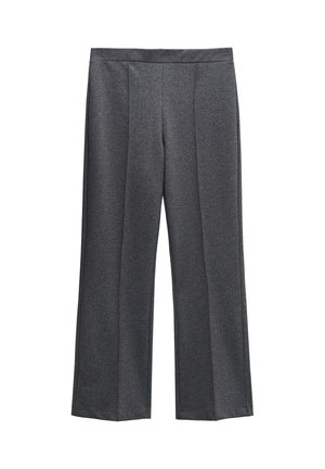 Graue weit geschnittene Hose mit flachem Frontdesign, aus einem strukturierten Stoff mit zwei Frontfalten. Keine sichtbaren Taschen oder Hardware-Details.