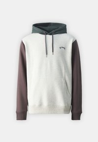 Hooded sweatshirt with a grey body, dark green hood, and brown sleeves. Features a front pocket and drawstrings. Logo on the chest.