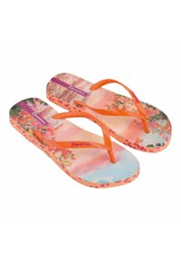 Infradito arancioni con un motivo floreale che presenta accenti rosa e viola, un plantare testurizzato e suola in gomma per il comfort.