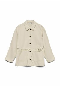 Beežika värvi nööbitav jakk kraega, kahe esitasku, vööümbermõõdu seotise ja kangast lille detailiga paremal küljel.