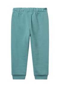 Türkise Kinder-Sweatpants mit elastischem Bund und gerippten Bündchen, von vorne vor weißem Hintergrund gezeigt.