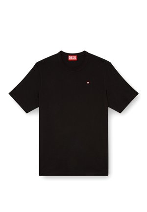 Black cotton t-shirt with a crew neck, featuring short sleeves and a small red Diesel logo on the chest. Smooth texture, classic fit.