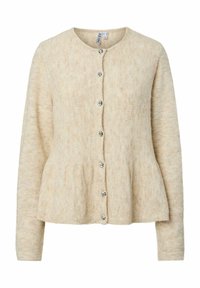Cardigan en tricot beige avec un col rond, une fermeture devant par boutons, et un ourlet à volant. Doté de boutons argentés et d'une texture douce.