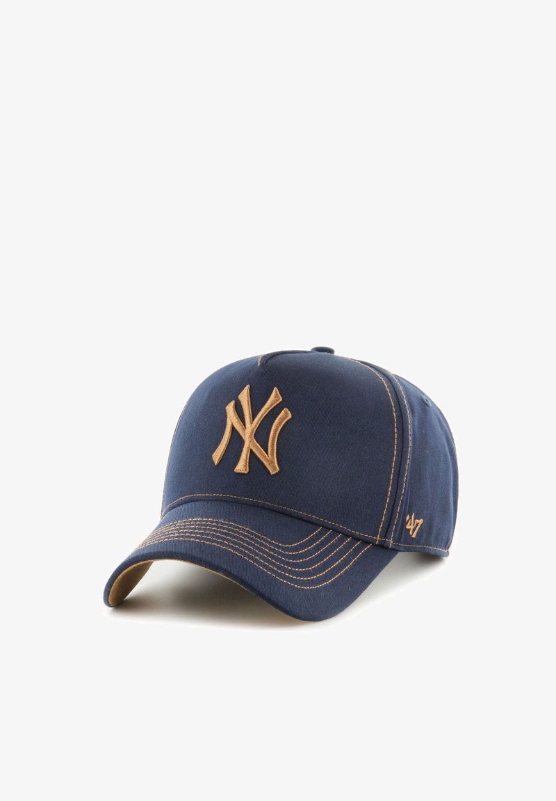 Cappellino da baseball blu navy in cotone con corona arrotondata e visiera curva. Presenta un logo ricamato color beige e cuciture.