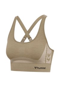 Brassière de sport beige sans couture avec bretelles croisées, bande texturée sous la poitrine et logo Hummel sur la partie inférieure avant.