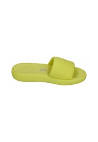 Yellow slide sandal with a soft, cushioned upper and flat sole. Simple strap design, seamless construction, and smooth texture.