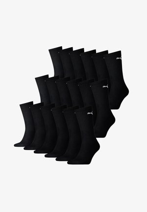 Schwarze Socken, geripptes Design, mit kleinem weißen Logo an der Seite. Set aus 15 Paar, typische Crew-Länge, aus gestricktem Material.