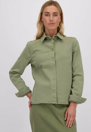 Vrouw met lang blond haar draagt een lichtgroen knopenhemd en een bijpassende rok, terwijl ze met één hand op de heup poseert tegen een effen achtergrond.