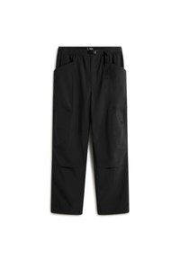 Zwarte cargobroek met een elastische tailleband en trekkoord, voorzien van twee grote zijzakken en een gladde, matte textuur.