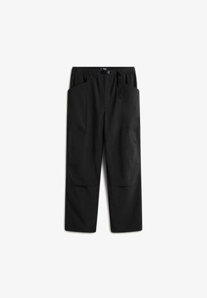 Black cargo pants with an elastic waistband and drawstring, featuring two large front pockets and a smooth, matte texture.