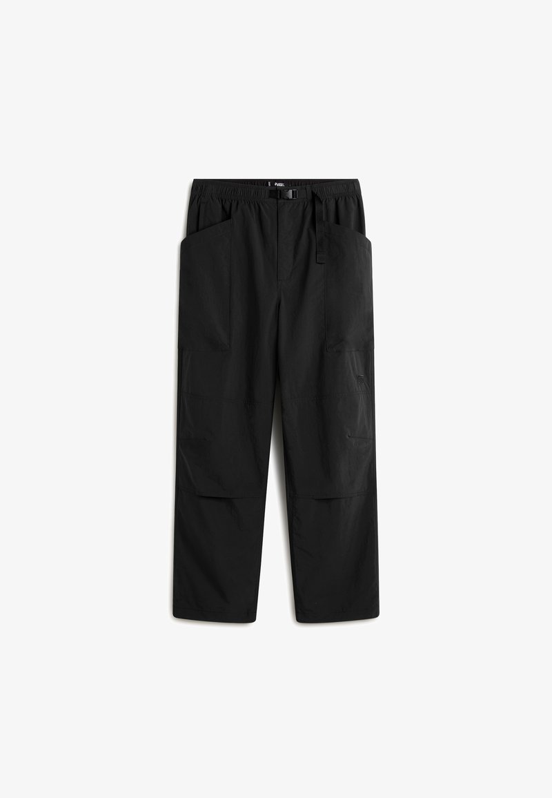Schwarze Cargo-Hosen mit elastischem Bund und Kordelzug, ausgestattet mit zwei großen Fronttaschen und einer glatten, matten Oberfläche.