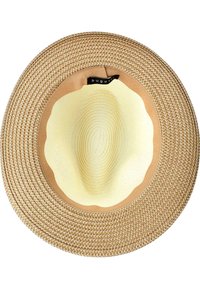 Sombrero de paja de ala ancha con un interior de color beige claro y una banda exterior color crema. Presenta una textura suave y un sutil patrón tejido.