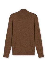 Brauner Pullover, lange Ärmel, hoher Kragen, glatte Textur, minimalistisches Design, keine sichtbaren Muster oder Verzierungen, durchgehend einfarbig.