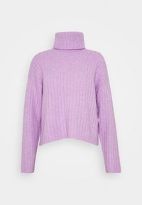 Lila coltrui met een geribbelde textuur, cropped ontwerp en lange mouwen. Gemaakt van een zacht breimateriaal voor comfort.